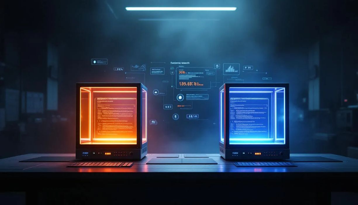 A scientist's workstation with two glowing experiment chambers side by side, each containing a different luminous prompt version being tested