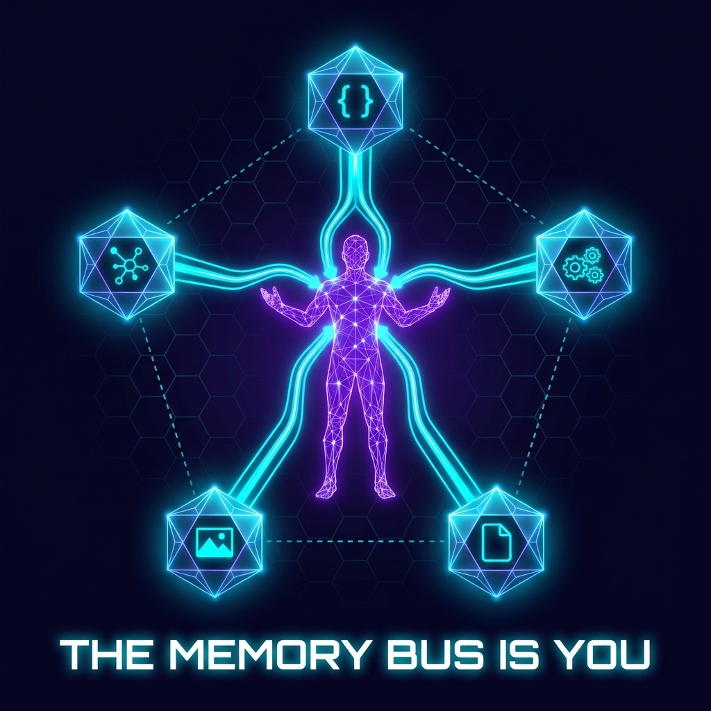 Infographic: The Memory Bus Is You — a human wireframe figure at the center routing all knowledge between specialized agent nodes, because no agent memory architecture connects them directly