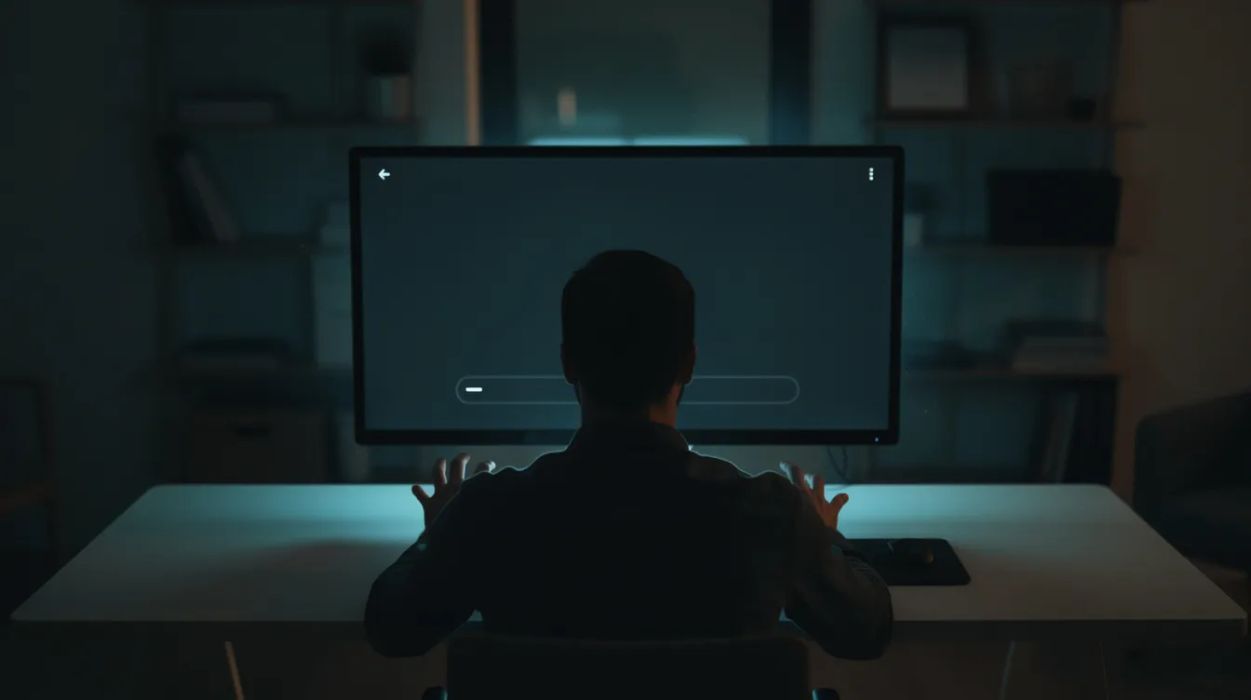 A person staring at a blank glowing chat interface in a dark room, cursor blinking with no guidance