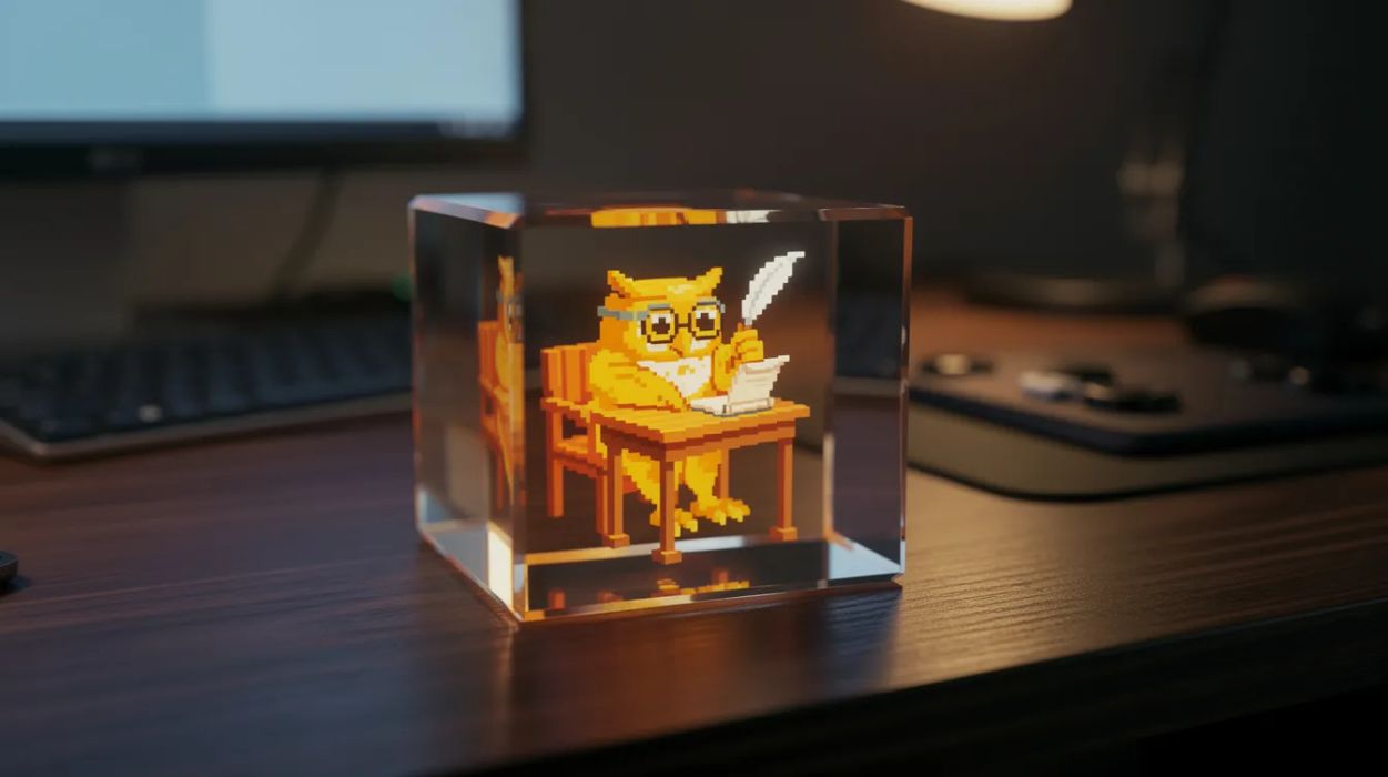 A transparent crystal display cube on a desk glowing with a pixel-art owl scribe writing with a quill, the agent's physical avatar