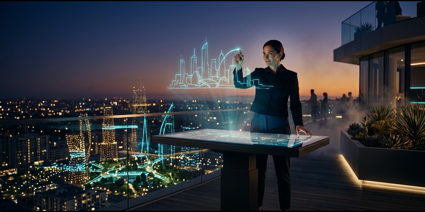 A leader sketches a glowing future city on a holographic table while swarms of light assemble it in the distance