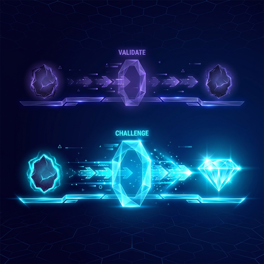 Infographic: Two paths — validation leaves ideas unchanged while challenge refines them into something better