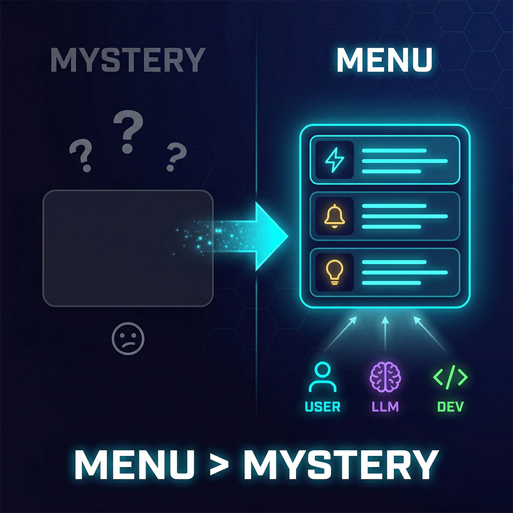 Infographic: Before and after — a dark blank input box with question marks transforms into an organized, glowing capabilities menu