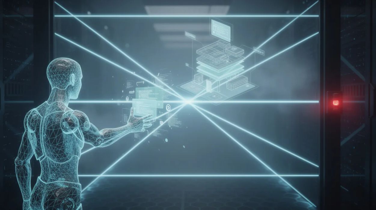 A glowing pre-commit gate halting an AI agent at the boundary of a codebase, with an architecture diagram lit up behind it