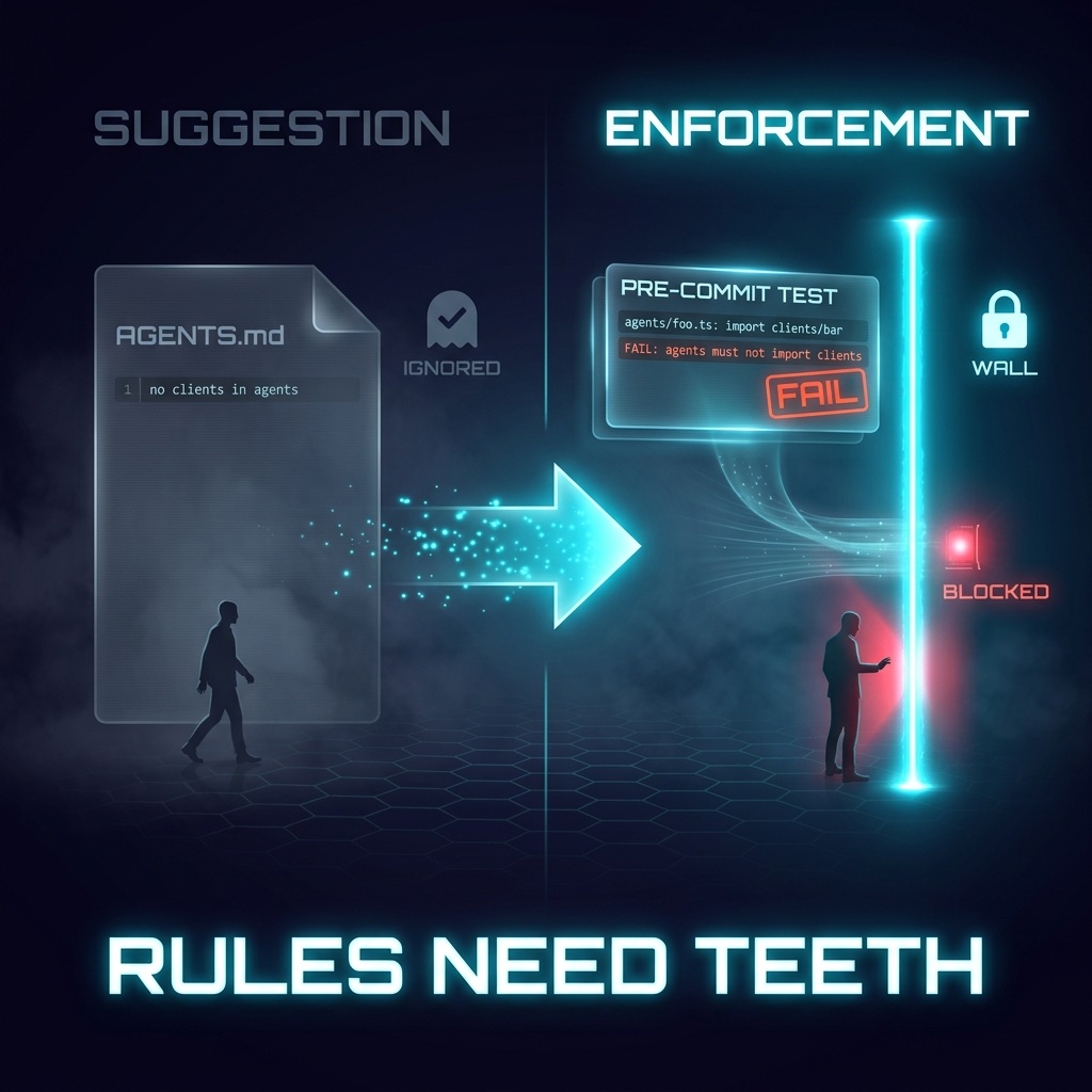 Infographic: AGENTS.md as a faded suggestion versus a bright pre-commit test that blocks the agent's commit and feeds violations back into the loop