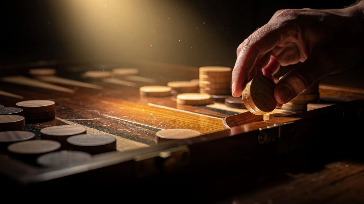 A hand lifting a backgammon piece off the board into the tray, golden light illuminating the finished move while other pieces remain scattered across the board