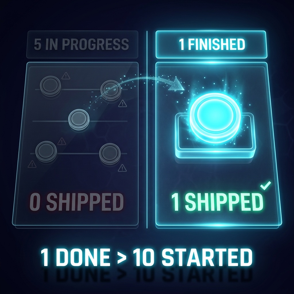 Infographic: 1 Done beats 10 Started — five in-progress pieces score zero shipped, one finished piece scores one shipped