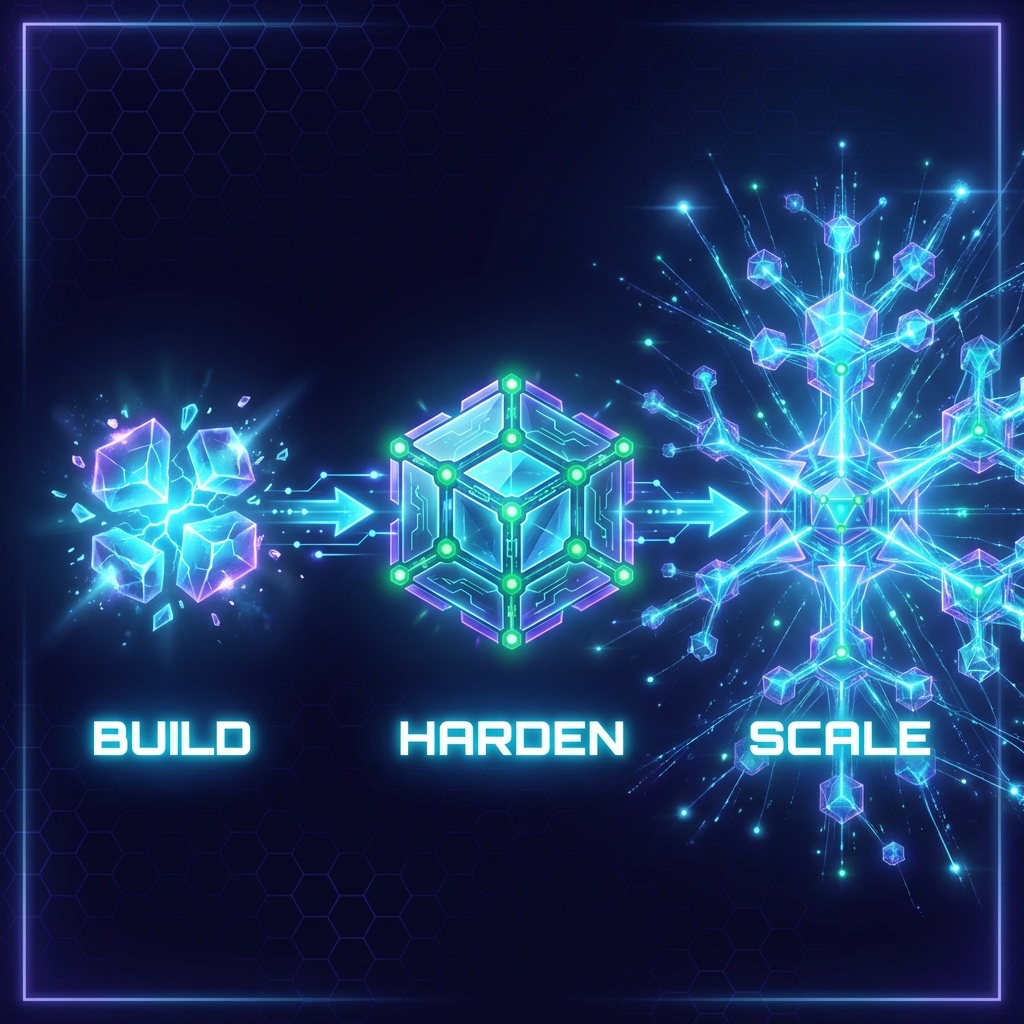 Infographic: Engineering's three immutable jobs — Build, Harden, Scale — shown as a crystalline progression