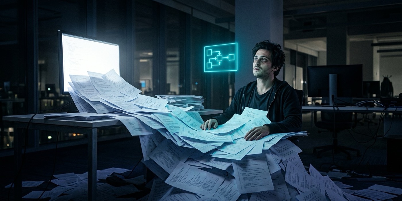 A tired engineer at night, buried in an avalanche of report pages pouring from a monitor, looking up at a single glowing box-and-arrow diagram floating beside him