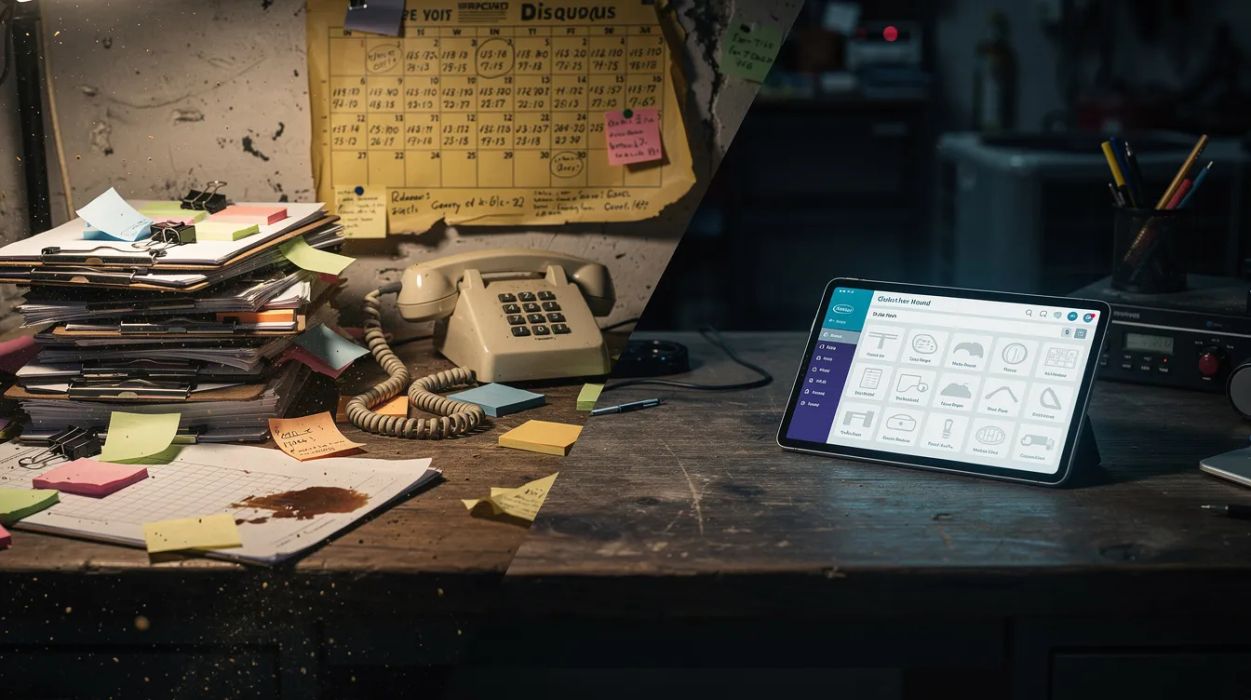 An HVAC shop owner's clipboard and spreadsheet chaos transforming into clean, codified software