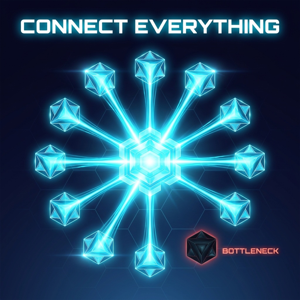 Infographic: Connected data nodes flowing into a central agent hub, with one disconnected node labeled BOTTLENECK