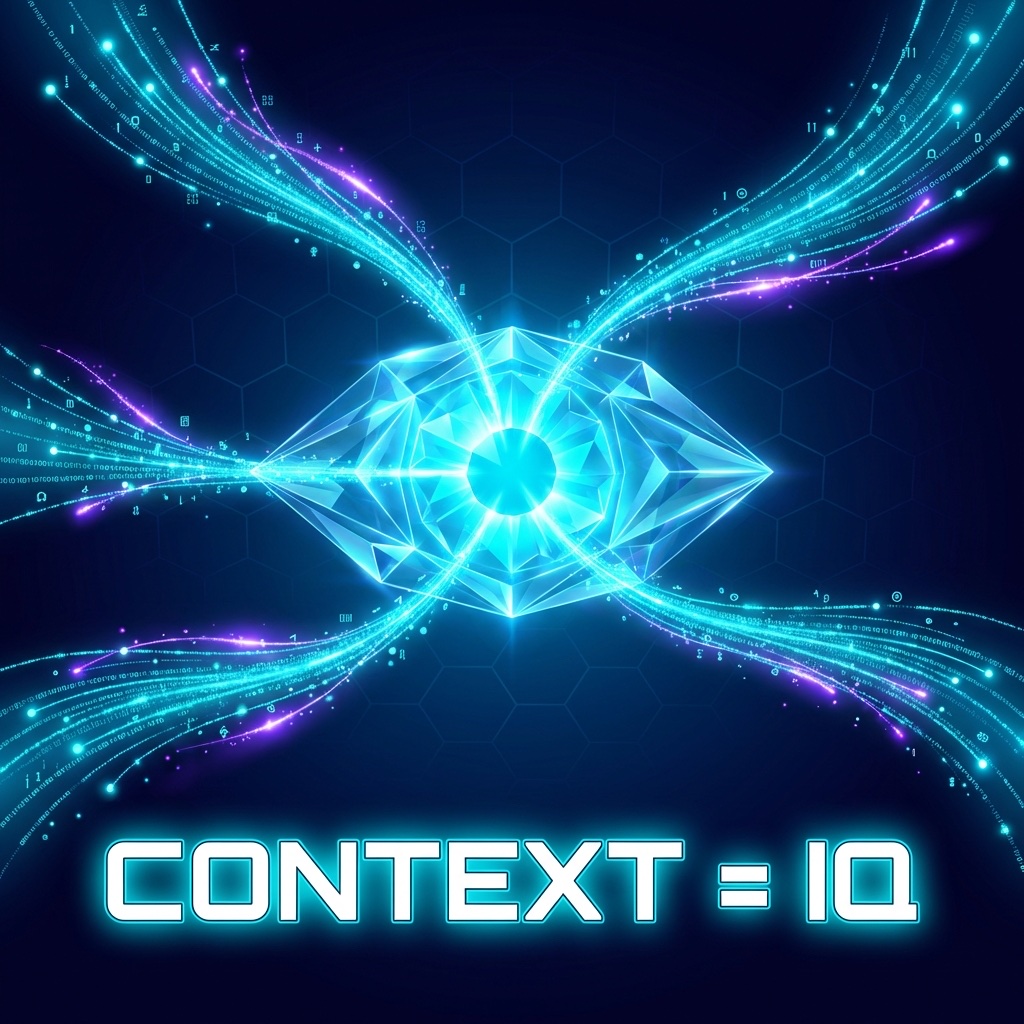 Concept illustration showing data streams flowing into a crystalline eye with the equation CONTEXT = IQ