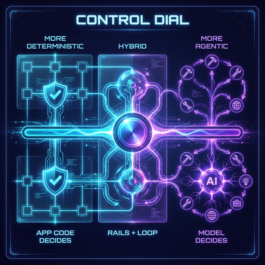 Infographic: a control dial showing AI agent architecture moving from deterministic app-code control to hybrid rails and then agentic model-loop control