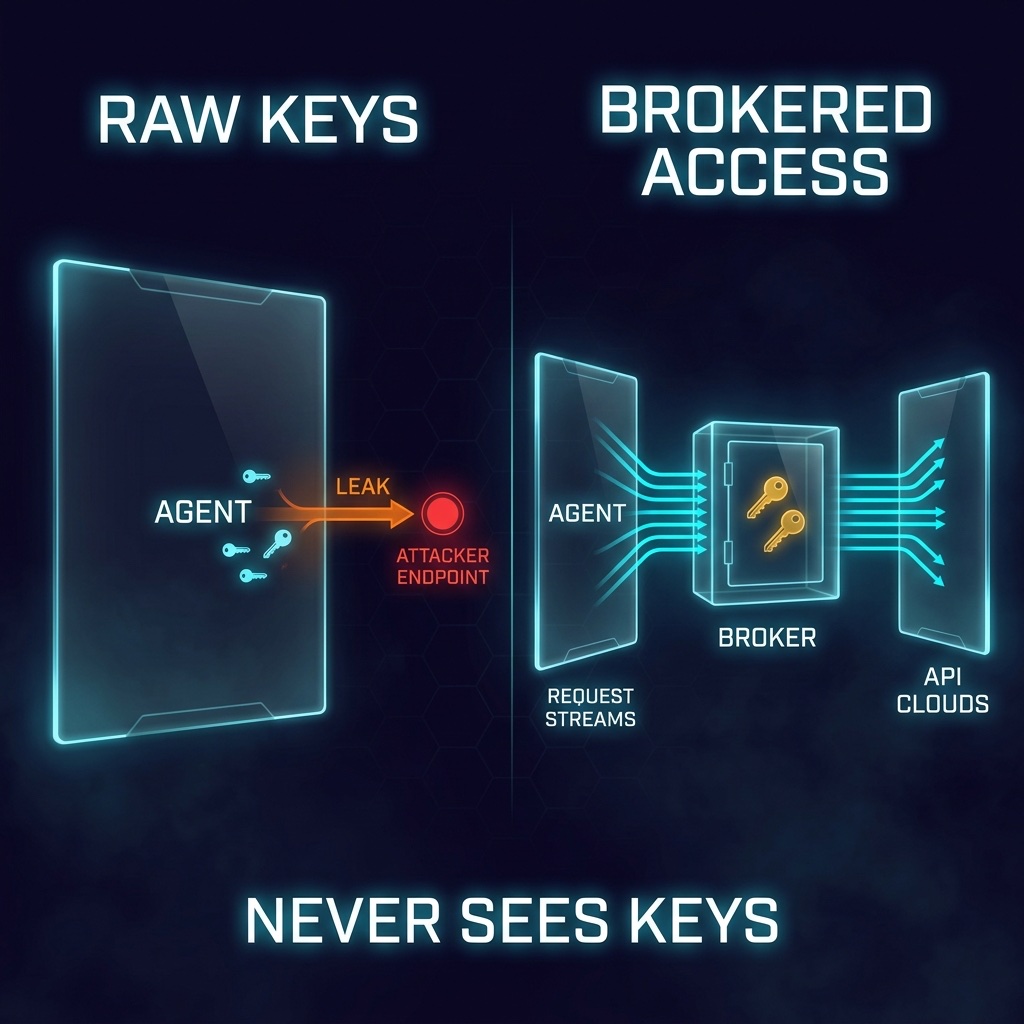 Infographic: Raw API keys exposed to agents are replaced by a brokered architecture where agents never see secrets