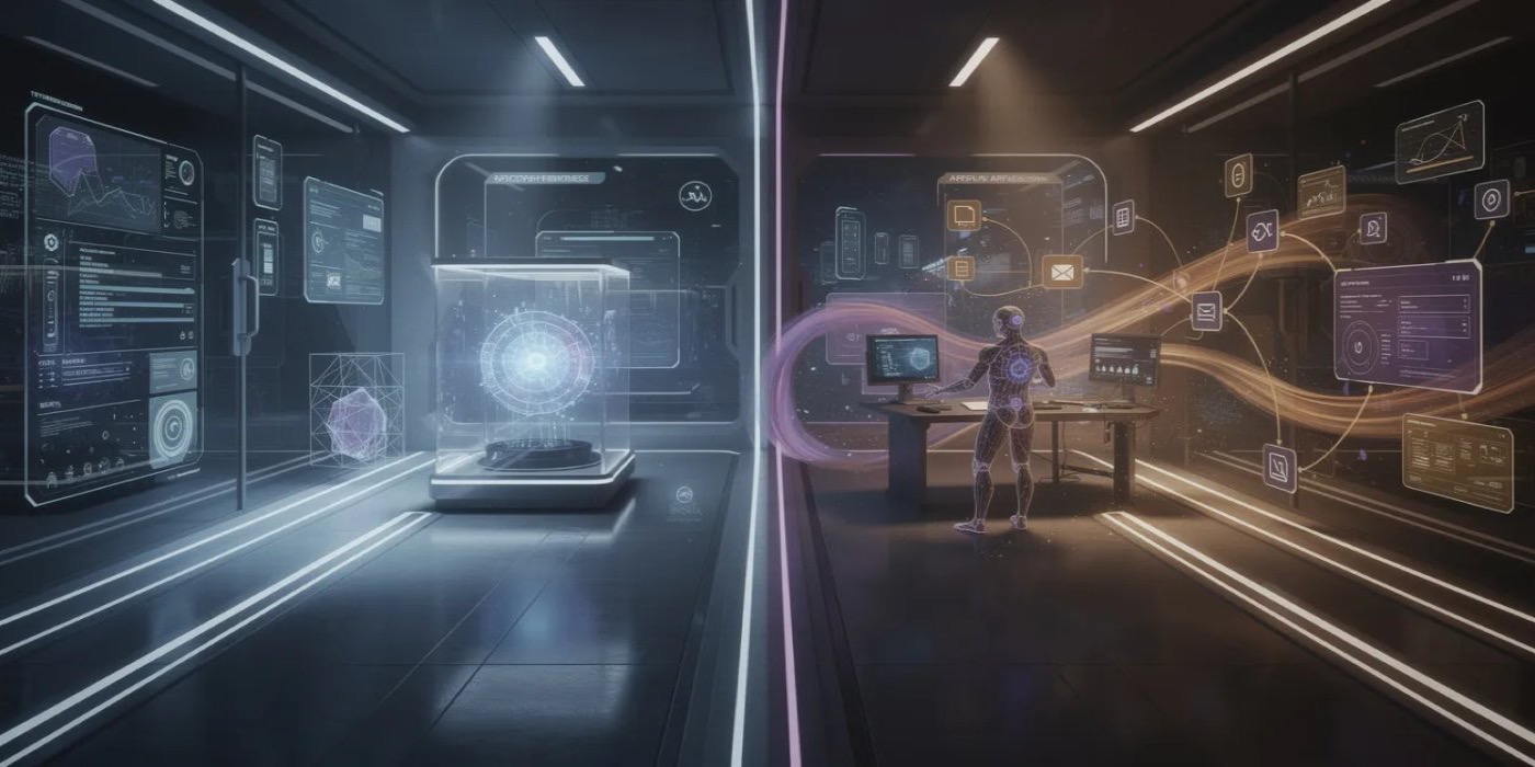 Two AI control rooms side by side: one deterministic application dashboard with fixed rails, one agentic command shell exploring tools and systems
