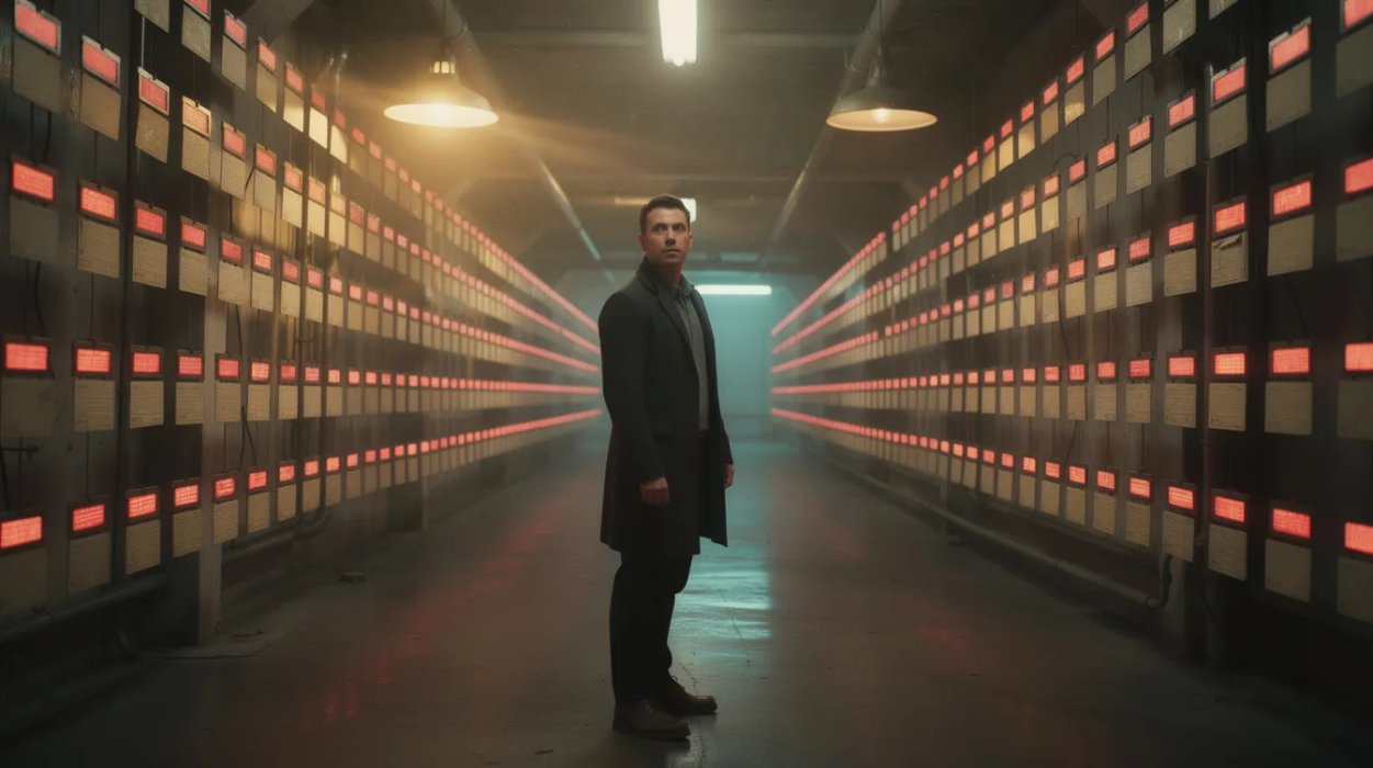 An inspector standing in an infinite corridor of glowing red bug tickets that stretch past the horizon