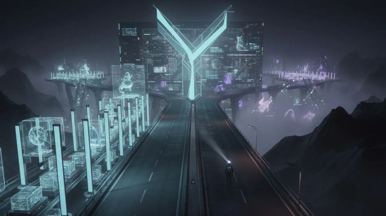A two-lane highway at night seen from above, one lane glowing with a Roman-disciplined factory line of agent lights stamping identical artifacts, the other lane snaking off into uncharted dark mountains lit by a lone headlamp