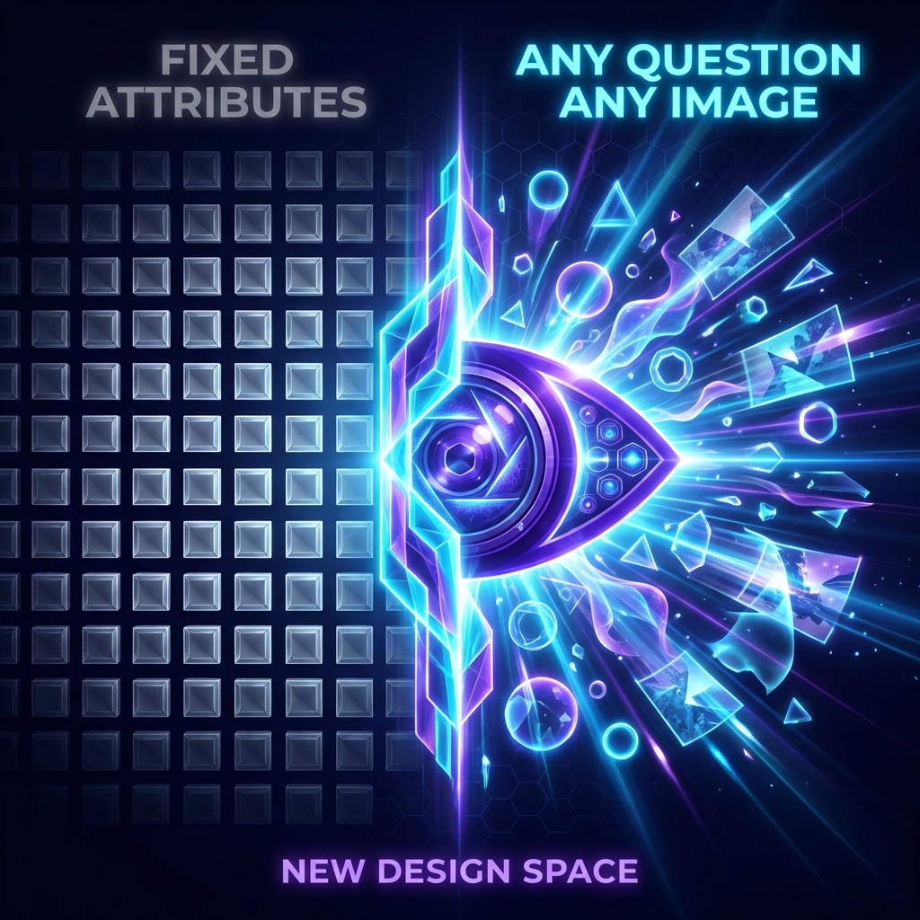 Infographic: FIXED ATTRIBUTES — rigid gray grid — versus ANY QUESTION ANY IMAGE — an explosion of diverse shapes radiating from an AI vision eye, revealing a NEW DESIGN SPACE