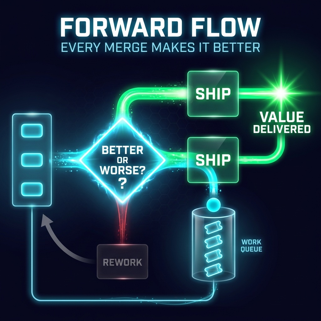 Infographic: Forward Flow. Improvements pass through the quality gate to MERGE, regressions get deflected to REWORK