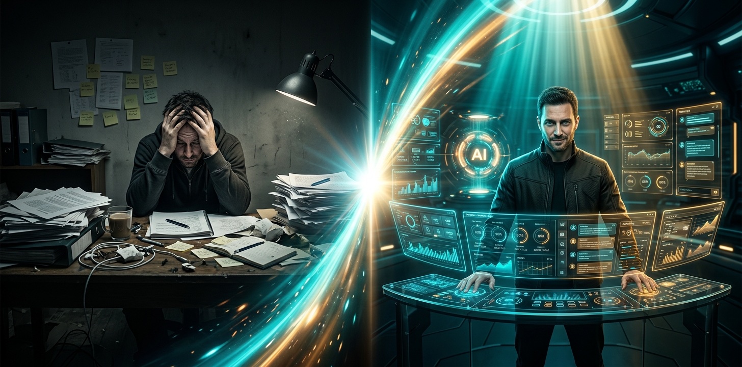 Before and after: overwhelmed person at a cluttered desk on the left, the same person commanding a futuristic holographic AI dashboard on the right, separated by a sweeping energy wave