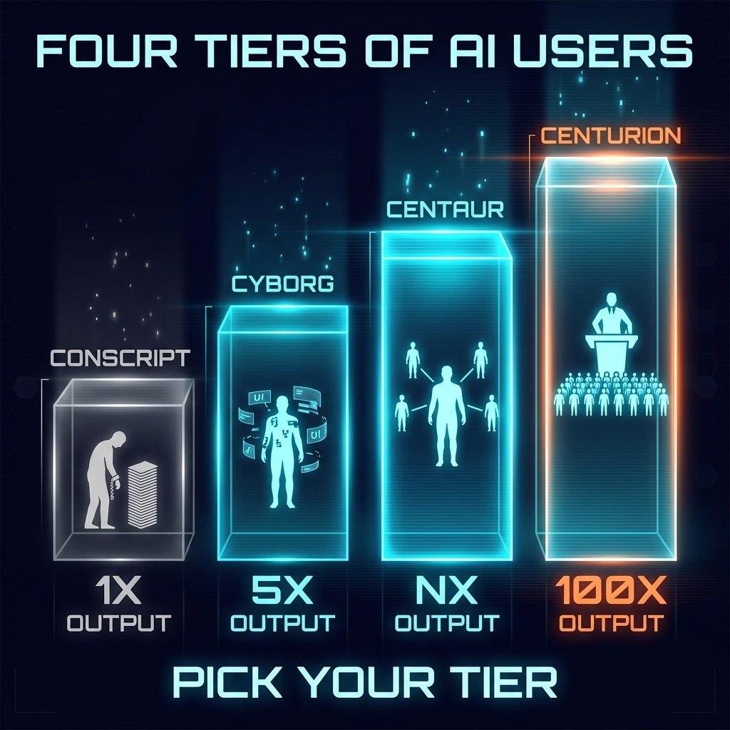 Infographic: four tiers of AI users — Conscript (1 typist day), Cyborg (one day 5x denser), Centaur (N parallel days), Centurion (100+ parallel days)