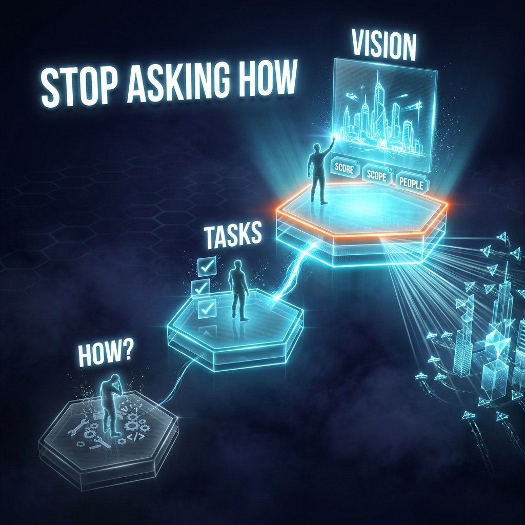 Infographic: Stop asking how. A person climbs from a dim HOW? step cluttered with tools, to a TASKS step, to a blazing VISION platform where they declare the world they want with a score, scope, and people, while agent swarms build it.