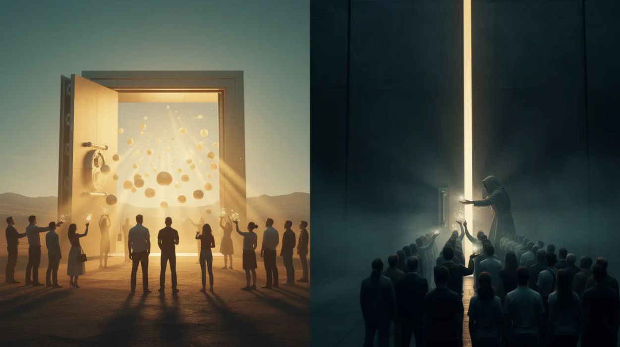 A glowing open vault releasing intelligence as autonomous light into the hands of individuals, contrasted with a locked tower dispensing metered access through a single gate