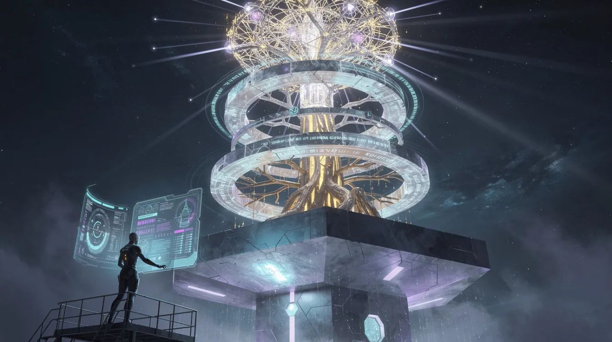A futuristic tower of four ascending loop levels from turn-based at the bottom to proactive at the top, each level glowing with increasing autonomy