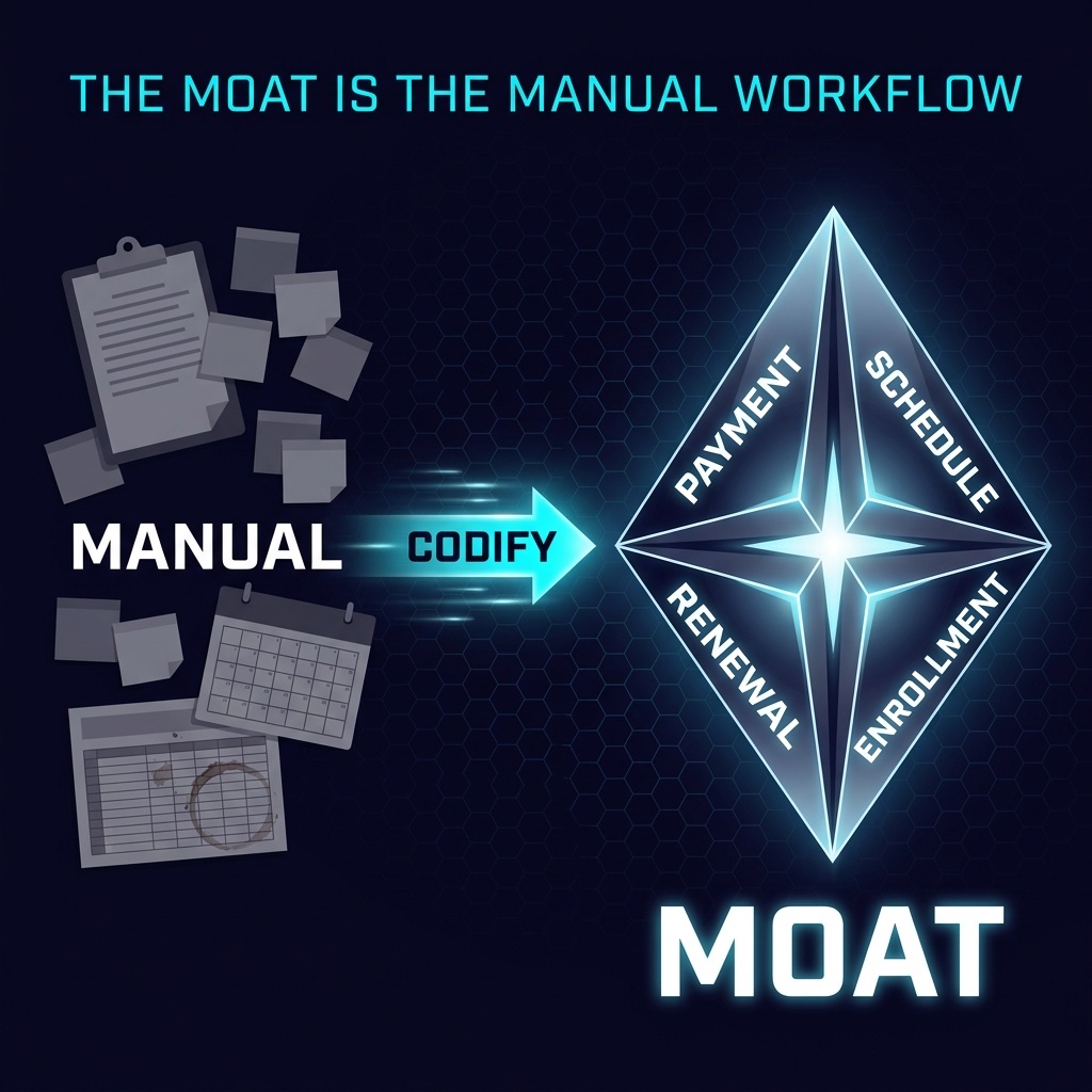 Infographic: Manual clipboard workflow becomes a four-axis codified state machine — payment, scheduling, enrollment, renewal