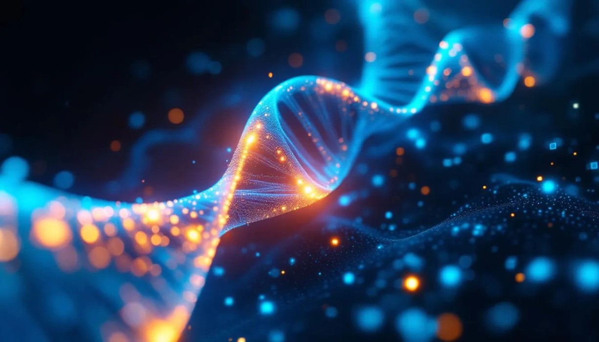 Abstract visualization of code transforming and evolving itself with glowing recursive patterns