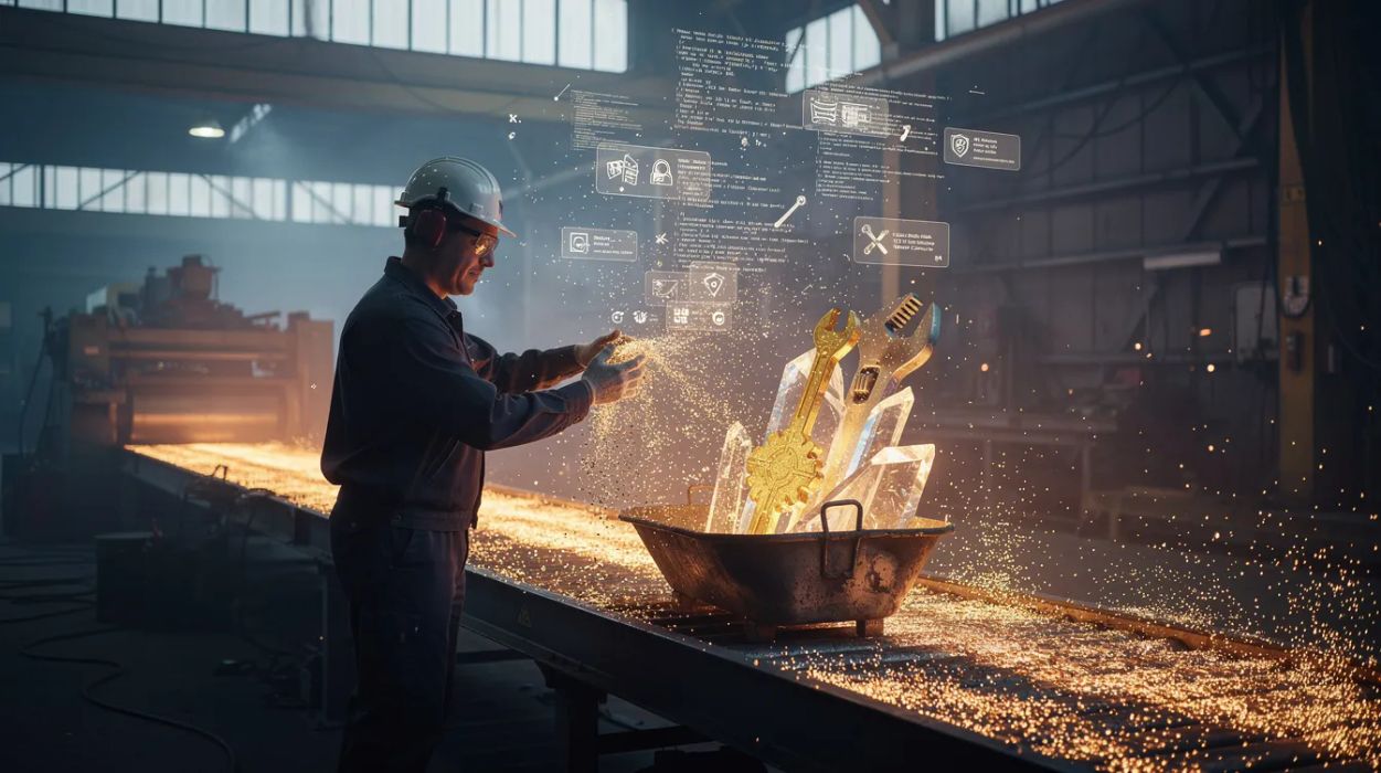 An operator in an industrial space scooping glowing data exhaust from a conveyor into a crucible that produces golden tools and crystalline rule files