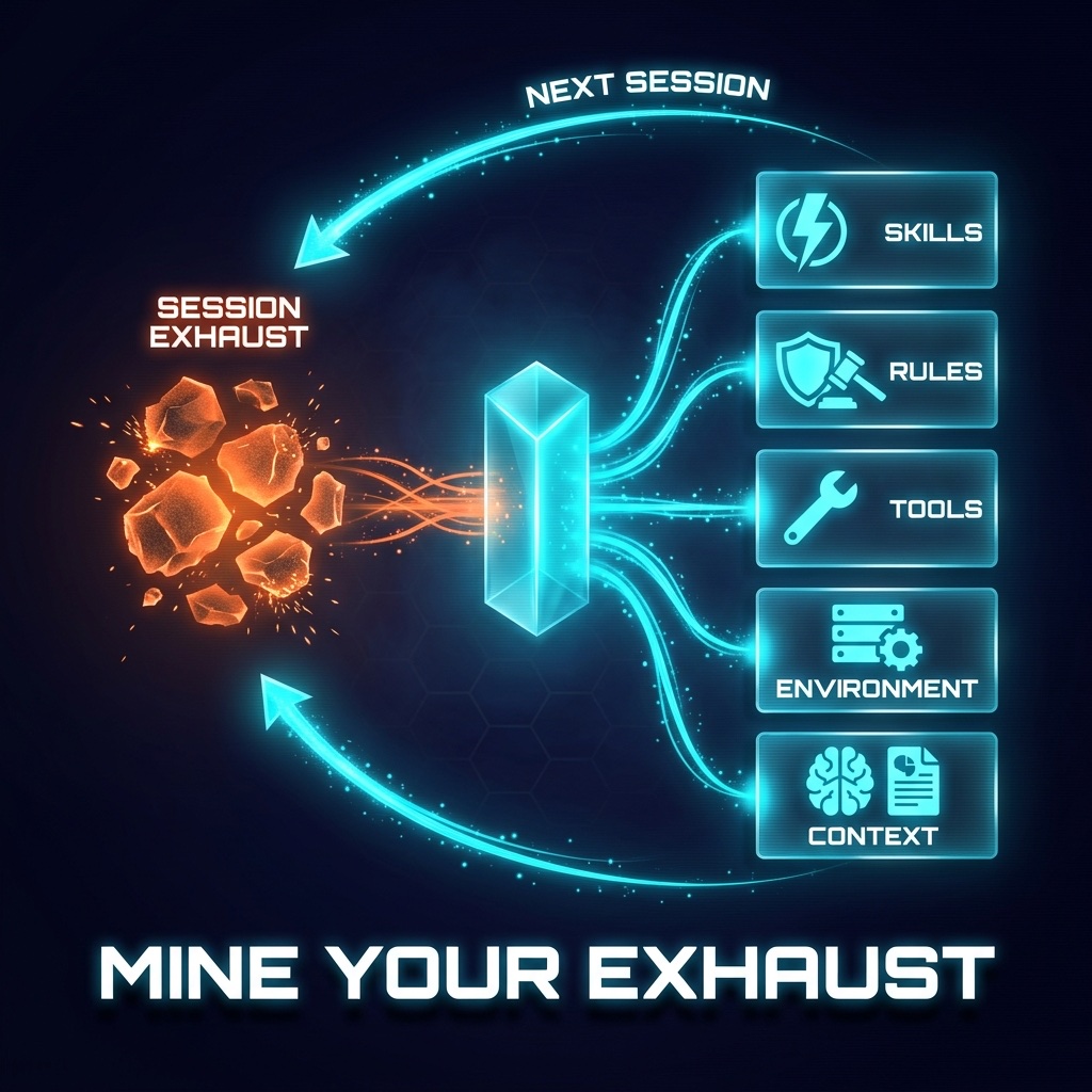 Infographic: Session exhaust refined through a prism into five upgrade channels — Skills, Rules, Tools, Environment, Context — looping back to improve the next session. Headline: MINE YOUR EXHAUST