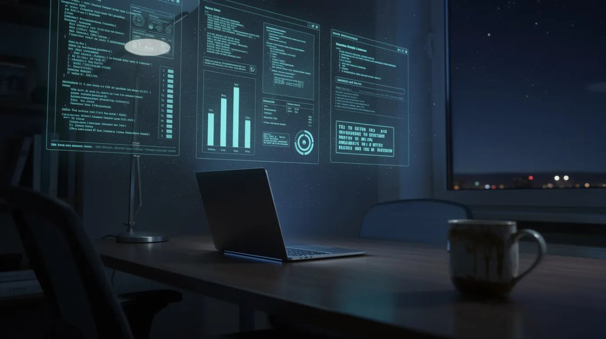 A dimly lit home office at night with a closed laptop on a desk while holographic terminal windows glow with running code and progress bars against a starry night sky
