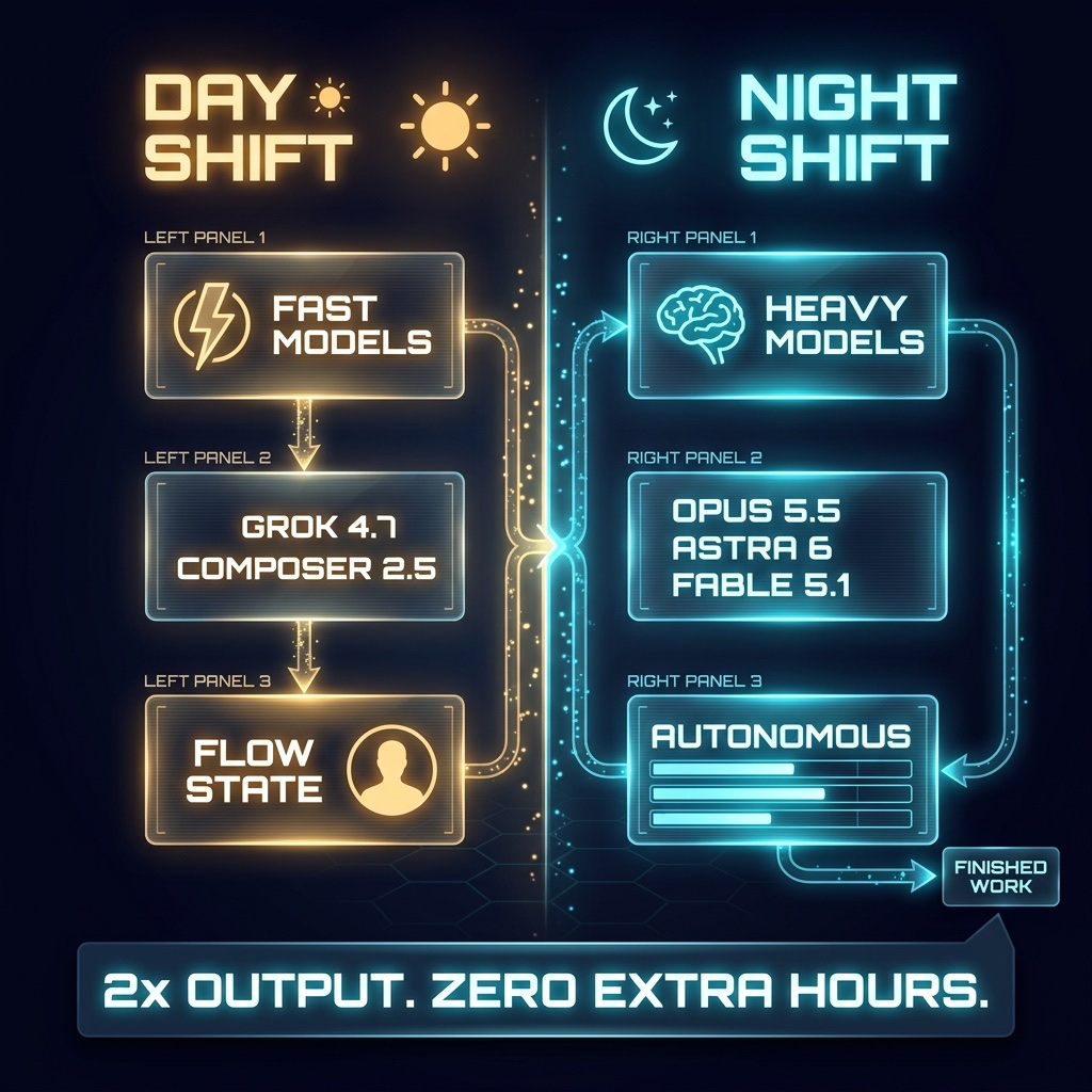 Infographic: Day Shift uses fast models (Grok 4.7, Composer 2.5) for flow state, Night Shift uses heavy models (Opus 5.5, Astra 6, Fable 5.1) for autonomous work - 2x output, zero extra hours