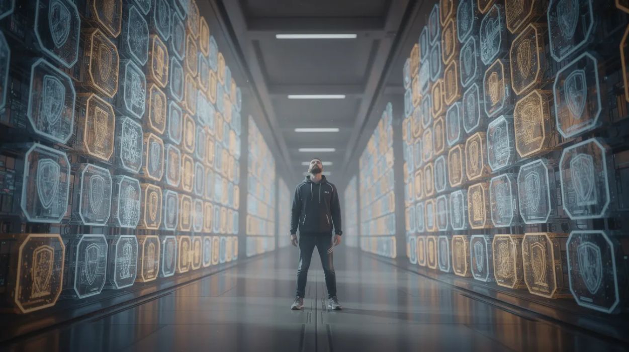 A lone engineer standing in a corridor of glowing shields and barriers that stretch endlessly into the distance, each one guarding a trivial edge case
