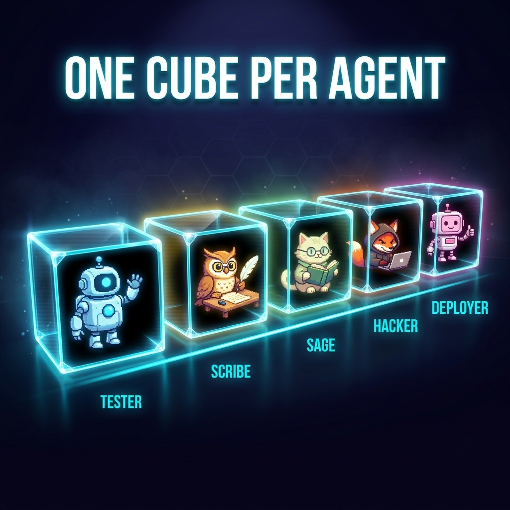 Infographic: ONE CUBE PER AGENT. A row of five glowing crystal cubes on a desk, each containing a distinct pixel-art avatar — a friendly robot TESTER, the owl SCRIBE, a cat SAGE with a book, a fox HACKER on a laptop, and a pink robot DEPLOYER giving a thumbs-up.