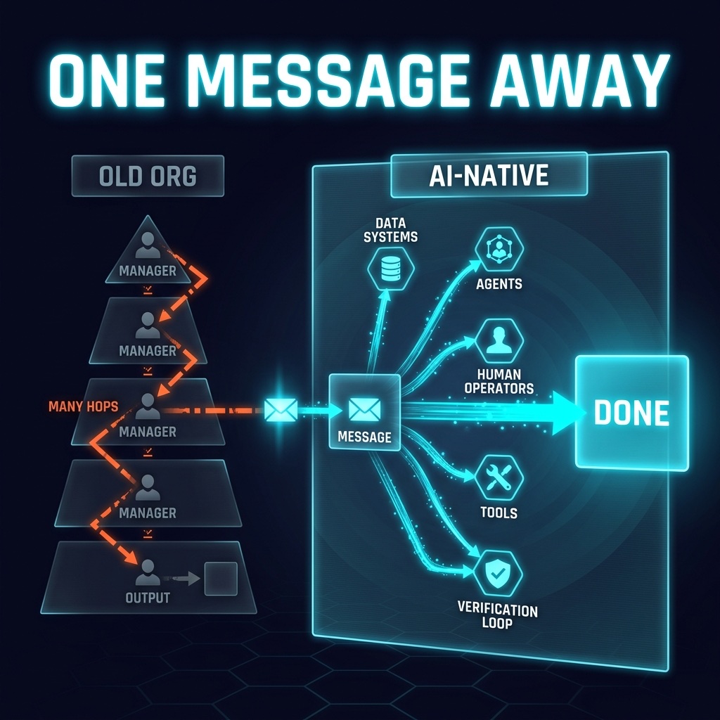 Infographic: AI-native organizations collapse query, decision, and execution distance until every information-bound task is one message away