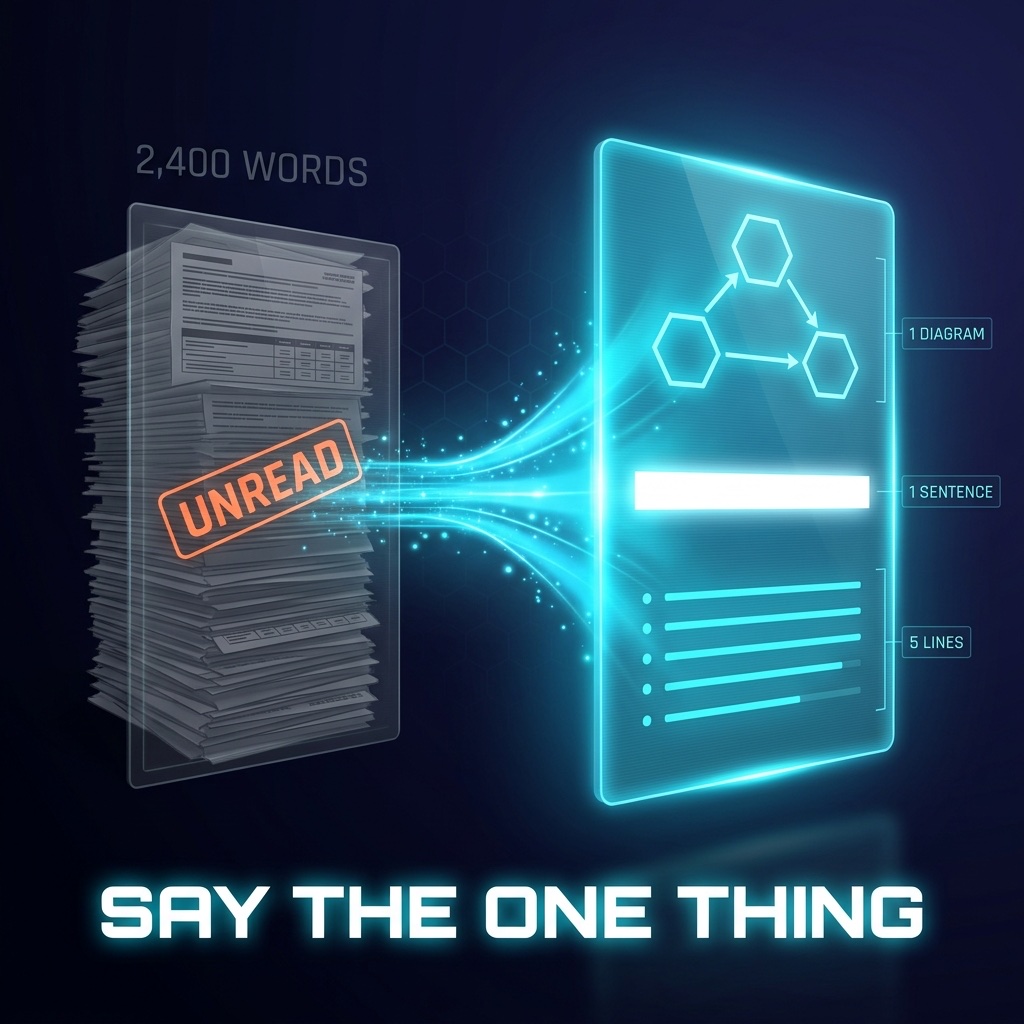 Infographic: Complete is not clear. A towering 2,400-word wall of report pages collapses into a single glowing card holding one diagram, one key sentence, and five short supporting lines. Say the one thing.