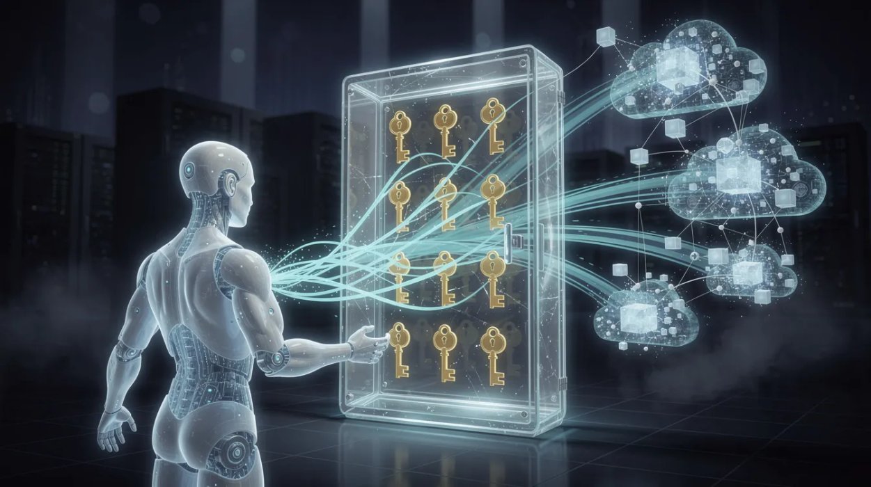 AI agent reaching toward cloud APIs through a glowing credential vault that keeps API keys sealed behind glass
