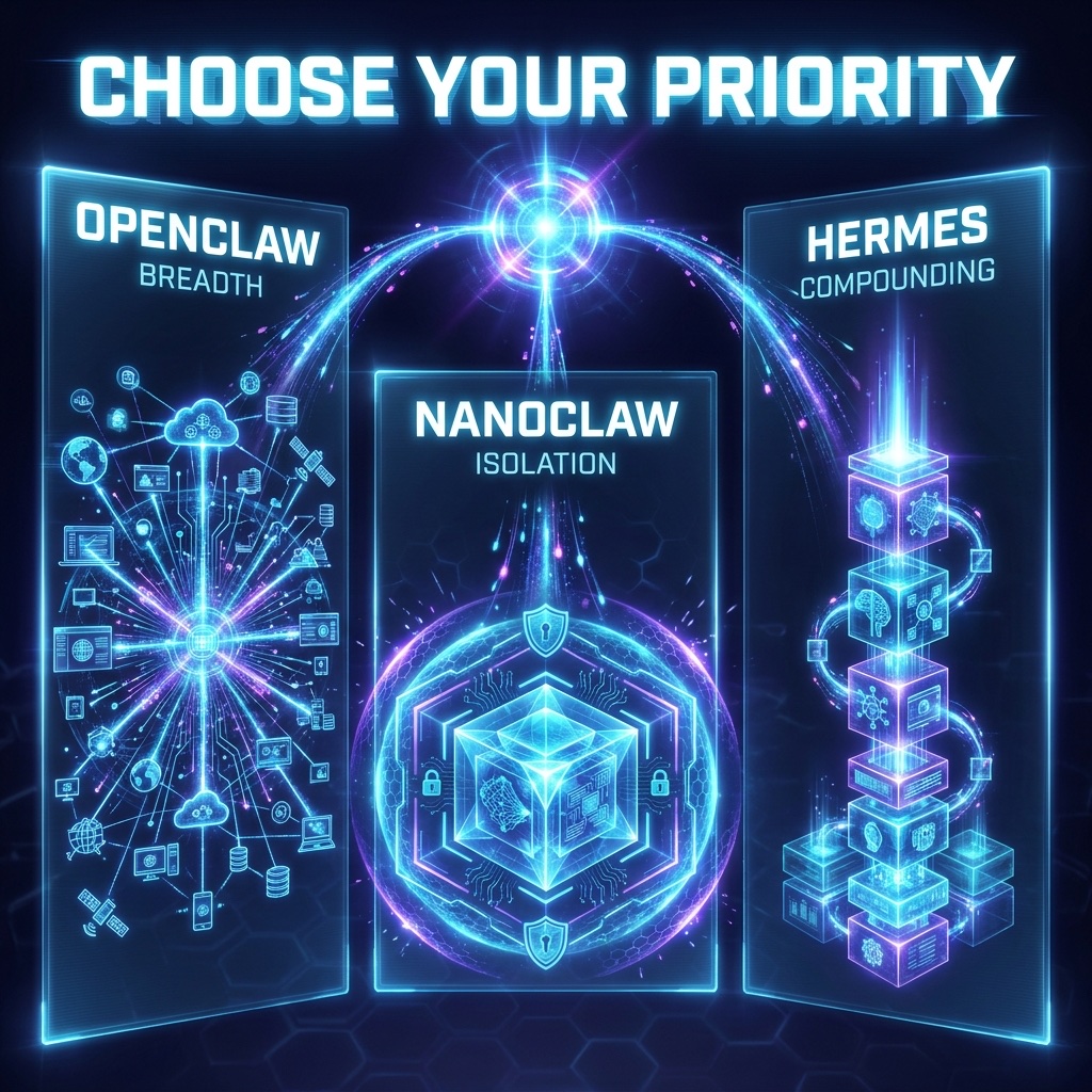 Infographic: choose your priority — OpenClaw for breadth, NanoClaw for isolation, and Hermes for compounding