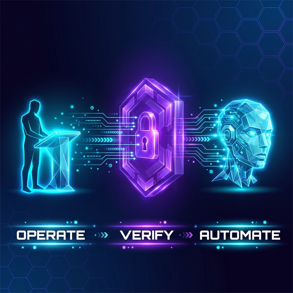 OPERATE → VERIFY → AUTOMATE - three-phase progression from human operation through quality verification to full automation