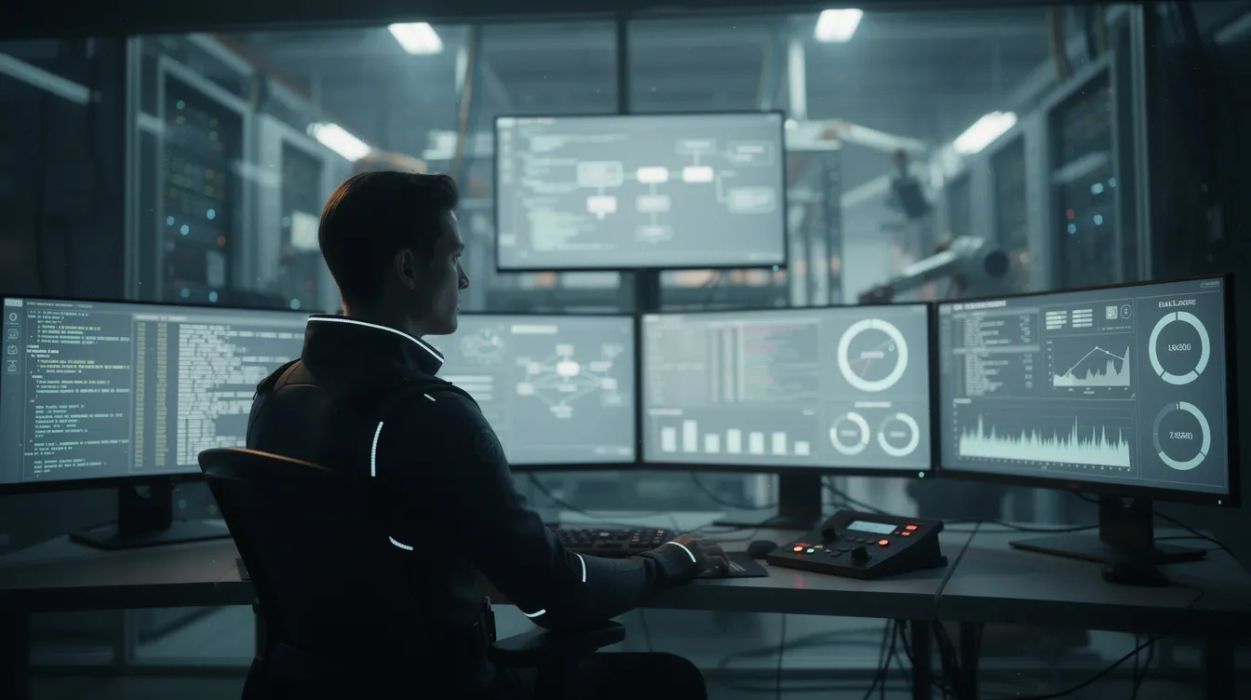 An Operator at a control console watching a live AI agent run, with multiple monitors showing tool calls, intermediate outputs, and eval scores