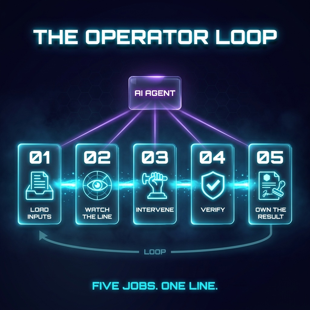 Infographic: The Operator Loop — Load Inputs, Watch the Line, Intervene, Verify, Own the Result, arranged as a five-station production line feeding an AI agent