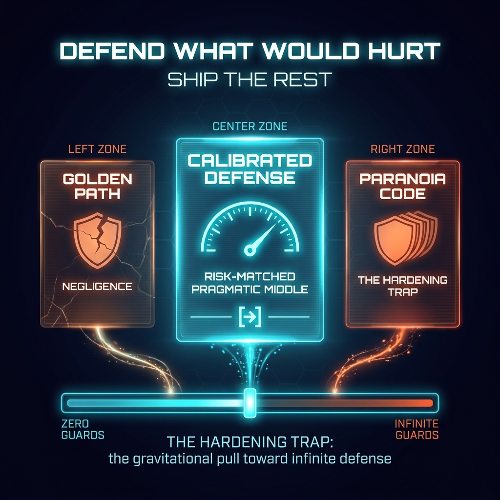 Infographic: spectrum from Golden Path (negligence) through Calibrated Defense (pragmatic middle) to Paranoia Code, with gauge bar from zero guards to infinite guards