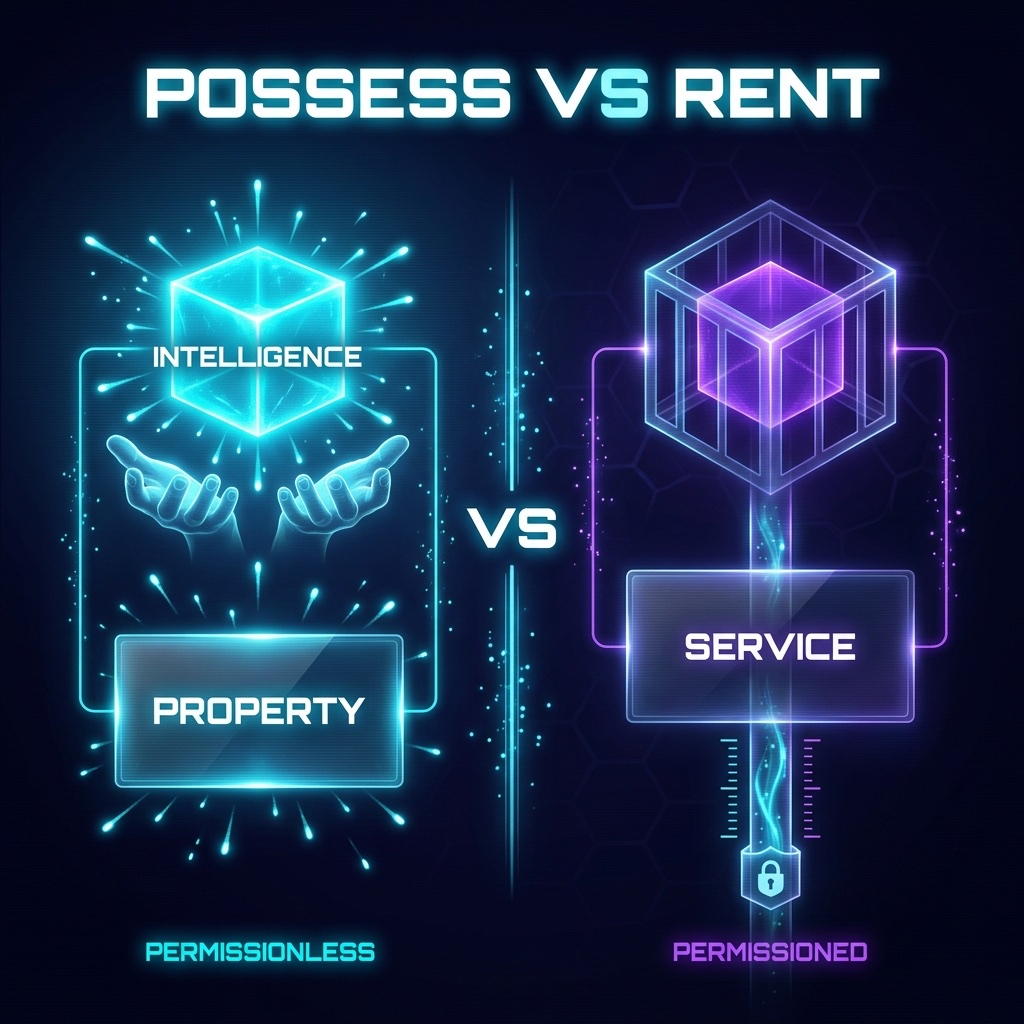 Infographic: Intelligence as property (permissionless, possessed) vs. intelligence as service (permissioned, rented through a gatekeeper)