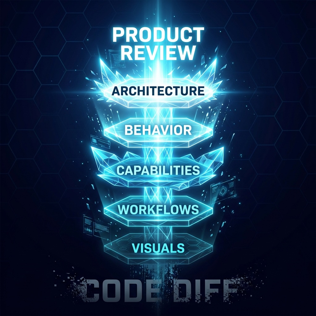 Infographic: Ascending from CODE DIFF through VISUALS, WORKFLOWS, CAPABILITIES, BEHAVIOR, to ARCHITECTURE — the product review stack