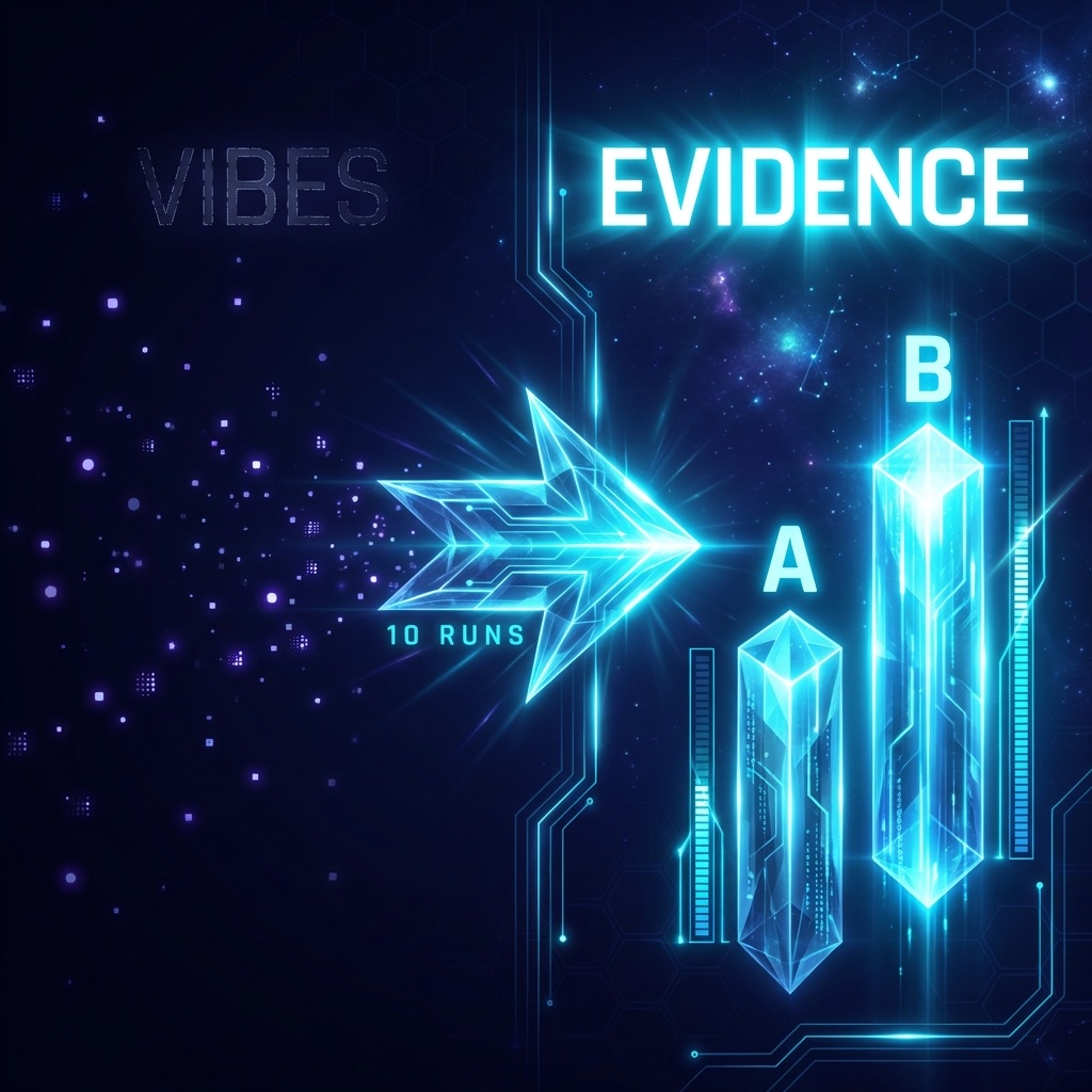 Infographic: A/B eval results showing correctness up, tokens up, latency up — with the thesis that trade-offs should be visible not accidental