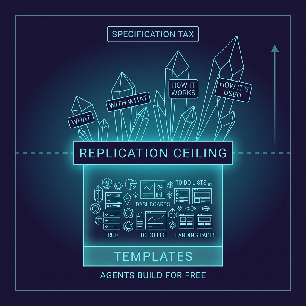 Infographic: Replication Ceiling — below the line agents generate software for free, above the line each unique decision is a specification tax the human must pay