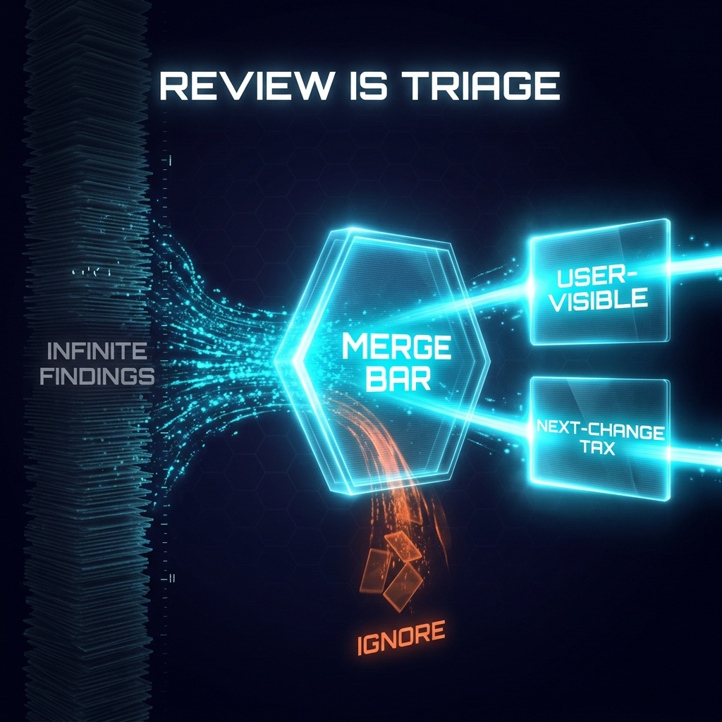 Infographic: infinite findings on the left, a merge bar in the center, only user-visible failures and next-change tax passing through