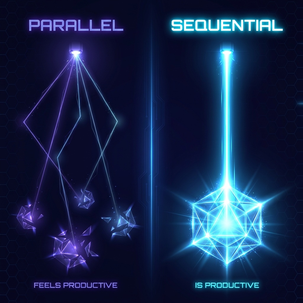 Infographic: Parallel work feels productive but scatters your output — Sequential work is productive and concentrates your best thinking